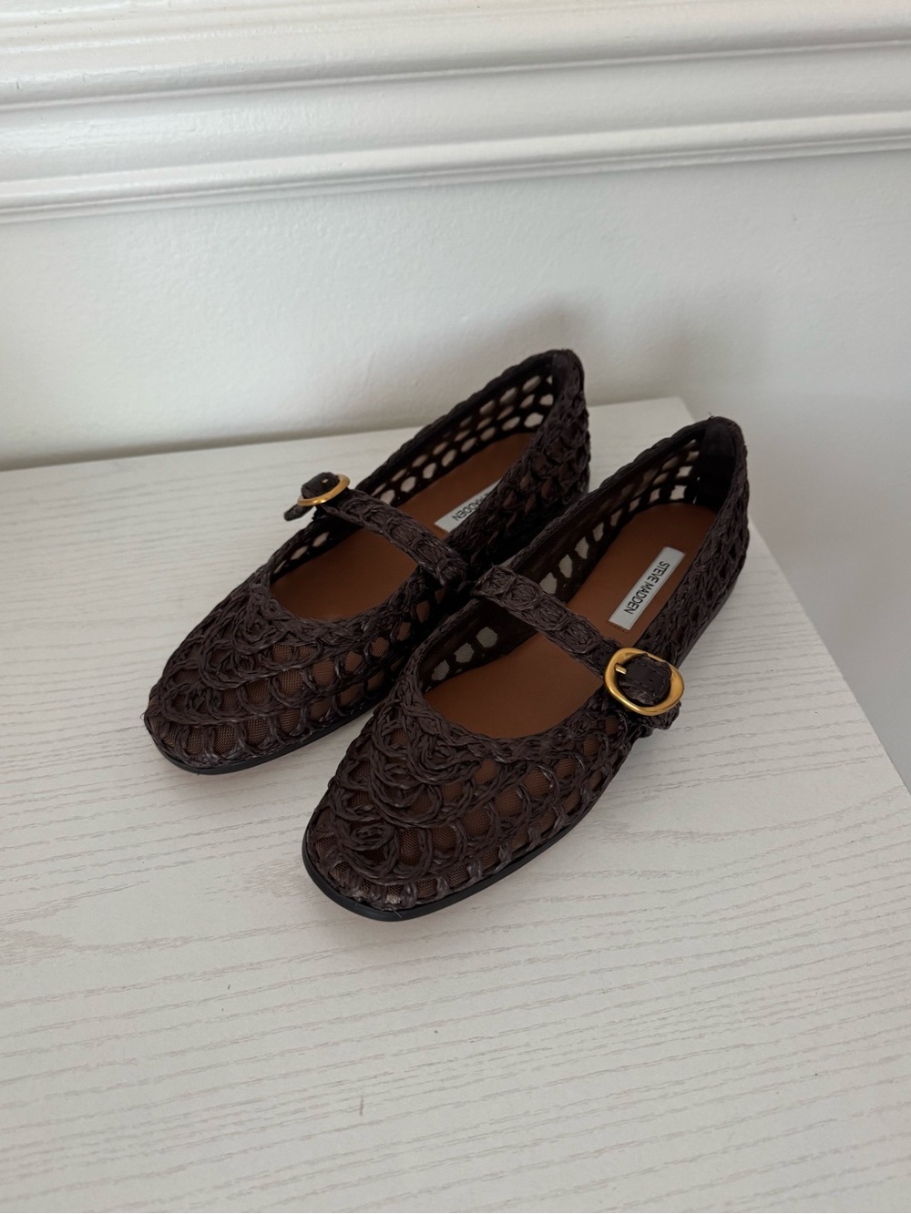 Steve Madden Dark Brown Woven Mary Jane Flats with Gold Buckle